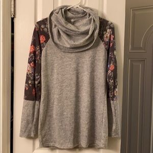 Solid and Floral Print Cowl Neck Shirt